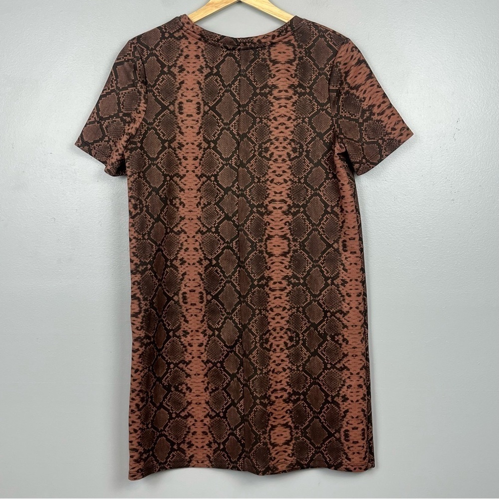 NWT Zara Trafaluc brown faux suede snake skin print mini shift dress, small. - Picture 3 of 10